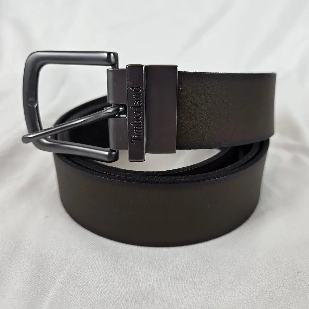 Timberland Size 46 Reversible Brown/Black Leather Belt Gunmetal Toned Hardware